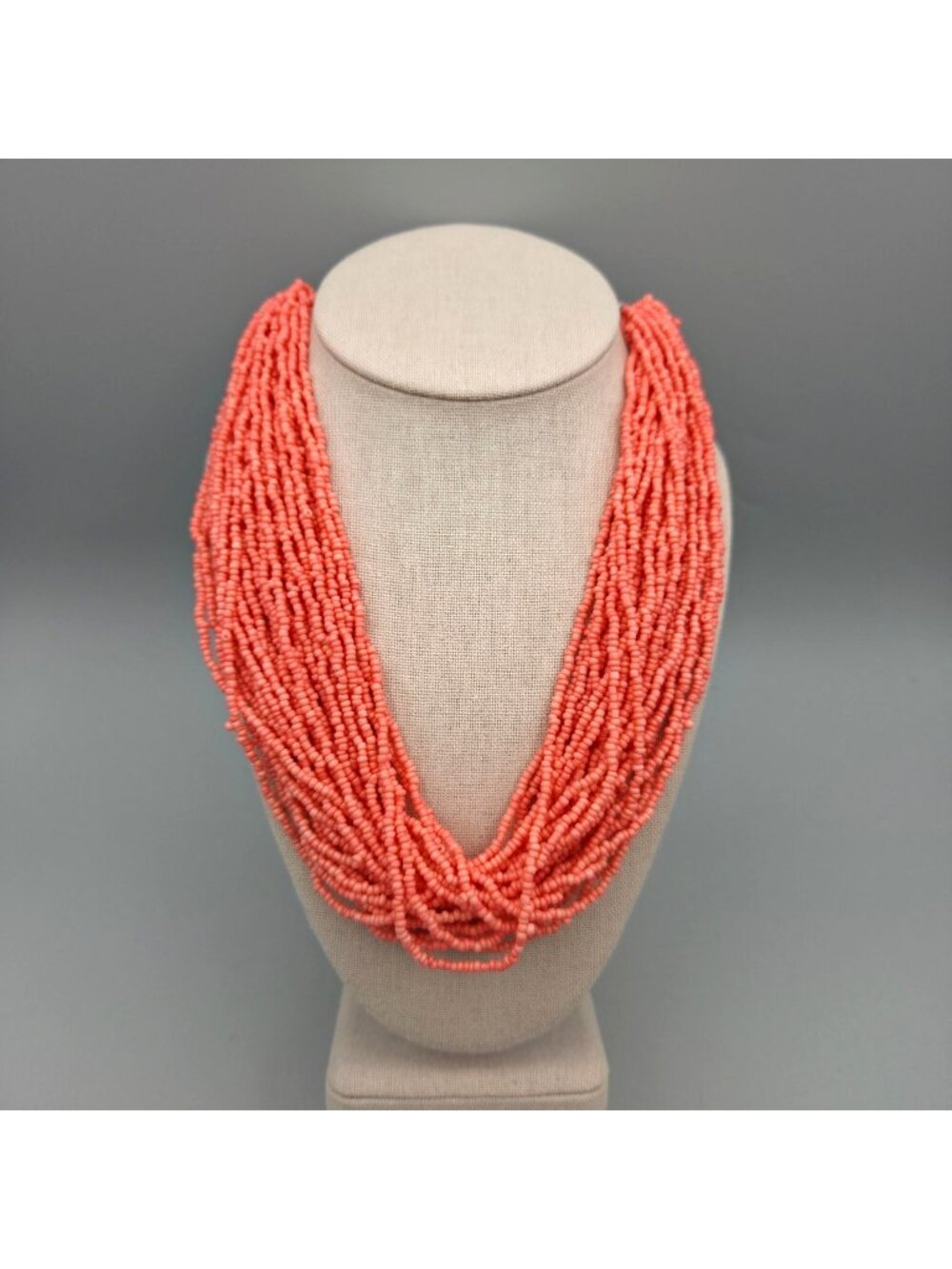 Vintage Coral Orange Beaded Multi Strand Necklace Boho Statement Adjustable Bib